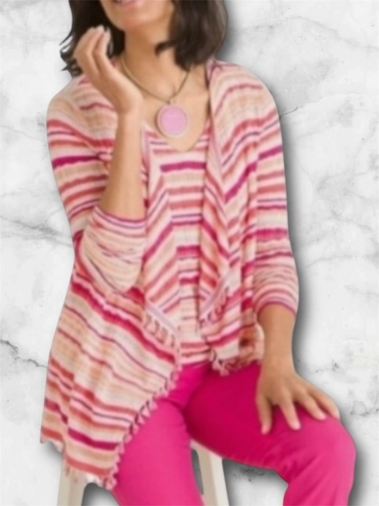 Chico's Sweaters - Chico’s Striped Pink White Fringed Open Front Cardigan Sweater Boho Size M